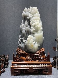 Natural Hetian White Jade Handmade High Mountain Landscape Scenery Art Ornaments