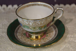 Royal Stafford Tea Cup And Saucer Portrait Green With Floral Center