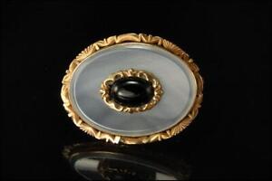 Antique Victorian Mourning Chalcedony Black Jet 14k Gold Pin Brooch Mr