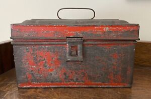 Document Box Tin Toleware Red Orange Hinged Dome Lid Handle Antique