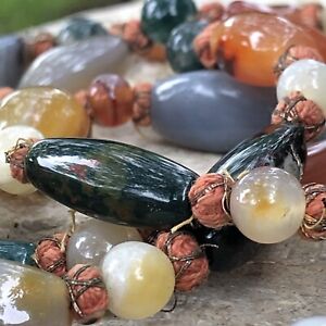Vintage Chinese Export Bead Blood Jade Agate Carnelian Necklace 48in
