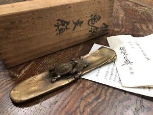 Y3602 Okimono Copper Paperweight Turtle Signed Box Stationary Japan Antique