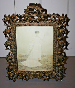 Large Antique Victorian Solid Brass 13 X 17 Picture Frame W Easel Back Mirror