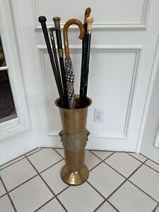 Antique Vintage Solid Brass Umbrella Walking Stick Stand With Ring Handles