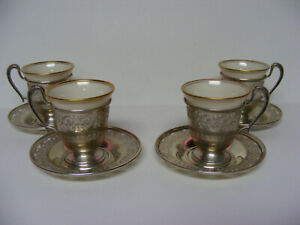 Set Of 4 Frank Whiting Pierced Floral Rim Sterling Demitasse Cups Saucers W Le