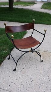 Antique 19th Century Wrought Iron Brass Champaign Leather Chair Can Ship 