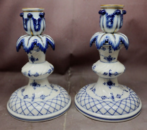 Antique Copenhagen Candlesticks Porcelain Candle Sticks Fluted Lace Cobalt Blue