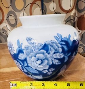 Vintage Blue White 5 Rounded Vase Floral Hand Painted Porcelain China