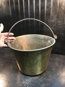 Primitive Hammered Brass Bucket With Handle 9in Tall X 12in Cottage Hearth
