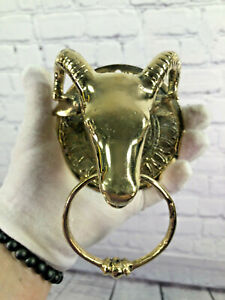 Vtg Handmade Golden Brass Artizan Rams Head Door Knocker Door Bell