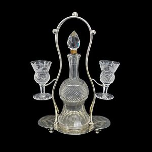 Victorian Edinburgh Crystal Thistle Silver Plated Decanter Set 2 Shot Glasses