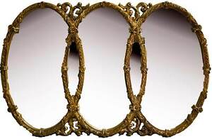 Mid Century Triple Oval Interlocking Acanthus Decorated Gold Wall Mantle Mirror