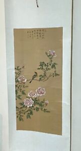 Beautiful Signed Chinese Bird And Floral Watercolor Scroll 67 X 20 