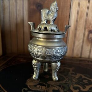 Vintage Japanese Large Brass Foo Dog Lidded Incense Burner Pot Asian Decor