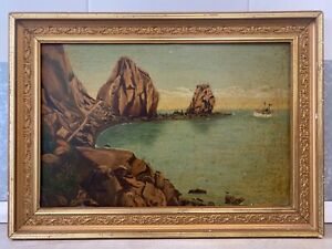  Antique Old 19th C American Folk Art Nautical Ship Seascape Oil Painting