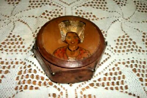 Antique Miniature Portrait Painting Lady Vanity Trinket Box Wood Tacks Spain