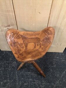 Vintage Nicaragua Hand Tooled Leather Wood Tripod Chair