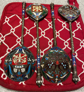Four Large Antique Imperial Russian Silver Enamel Spoon Ladle Set Of 2 2