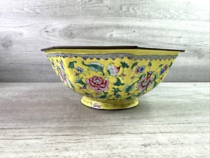 Vintage Octagon Chinese Cloisonne Bowl Pink Floral Brass Enamel Multicolor
