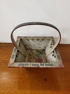 Antique Late 19th Century Danish Hand Painted Wooden Basket With Handle