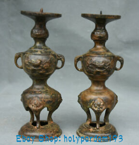 7 2 Old China Bronze Ware Dynasty Palace Beast Candlestick Candle Stick Pair