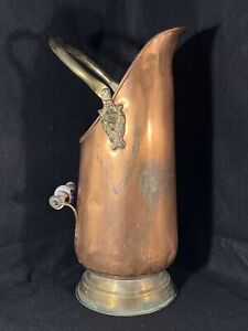 Antique Copper Coal Scuttle Bucket Delft Porcelain Metal Lion Handle 19 Tall