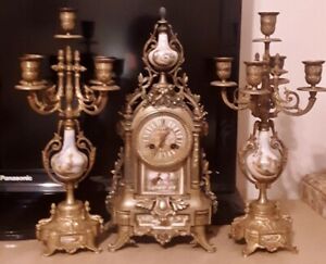  010 19th Century Gilt French Sevres Porcelain Clock With Candelabras 3pcs 