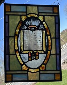 Antique Holy Bible Leaded Stained Kiln Fired Centerpiece Window Early 1900s