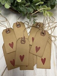 10 Small Solid Red Valentines Day Heart Primitive Coffee Stained Gift Hang Tags