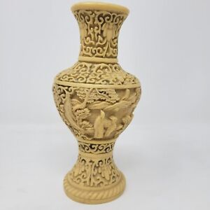 Asian Resin Vase Hand Carved Signed 7 B3