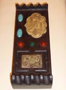 Antique Chinese Wood Brush Rest With Applied Stones