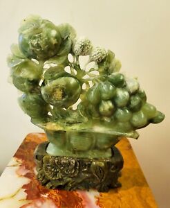 Large Hand Carved Chinese Green Jade Stone Floral Sculpture Statue On Stone Base