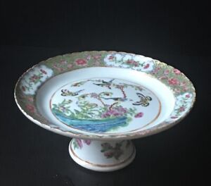 Antique Chinese Porcelain Famille Rose Compote Footed Dish Qing 19th C