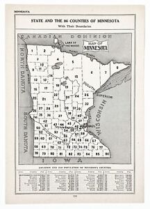 Minnesota Map 1912 Original Counties Population Minneapolis St Paul Duluth