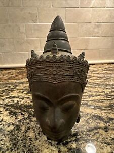 Antique Old Thai Bronze Dvaravati Buddha Head Statue 7 
