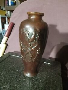 Very Fine And Old Japanese Metal Works Bronze Brass Vase With Bird And Flowers