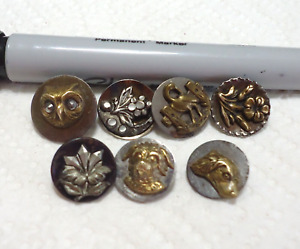 7 Antique Steel Picture Buttons 9 16 To 5 8 Dogs Owl Flowers Bird