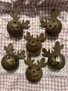 Lot 6 Vintage Jumbo Rusty Reindeer Deer Head Face Jingle Bells Primitive Crafts