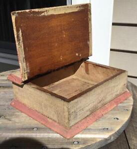 Antique Prim Old Salmon Cream Crackled Paint Wooden Document Box W Hinged Lid
