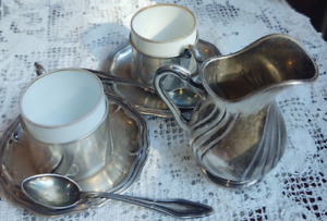 2 Antique German Silver 800 Demitasse Cup Holder Saucer Spoon And Creamer 167g