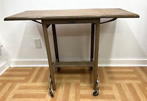 Vintage Industrial Typewriter Table Wood Top Drop Leaf Metal Mid Century Brown 3
