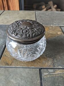 Vintage Repousse Sterling Silver Lidded Cut Glass Vanity Powder Jar