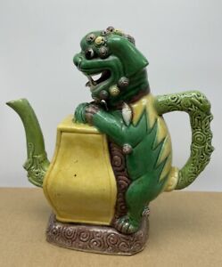 Antique Chinese Sancai Porcelain Foo Dog Lion Wine Pot Teapot 8 Tall