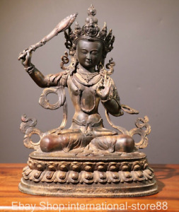 15 2 Old Chinese Bronze Gilt Buddhism Wenshu Manjushri Wisdom Sword Statue