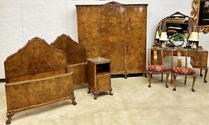 Antique Country French Claw Feet Burl Walnut 7 Piece Bedroom Set Twin Beds C1920