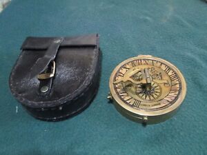 Antique Reproduction Nautical Brass Stanley Compass Sundial With Leather Case