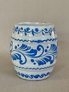 Vintage Antique Tin Glazed Pottery Barrel Jar Hand Painted Blue White