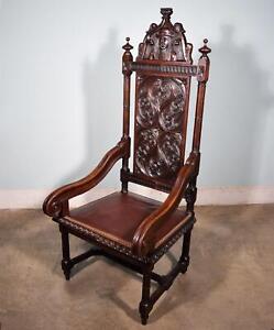 French Antique Highly Carved Chestnut Gothic Throne Chair With Leather Seat