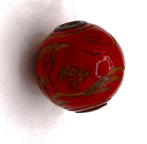 Vintage To Antique Japanese Ojime Red Bead Carved Mt Fuji And Tree Scene