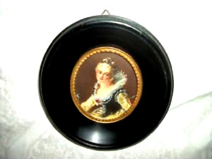 Antique Miniature Portrait Painting French Lady Convex Glass 1850 Signed Lovely